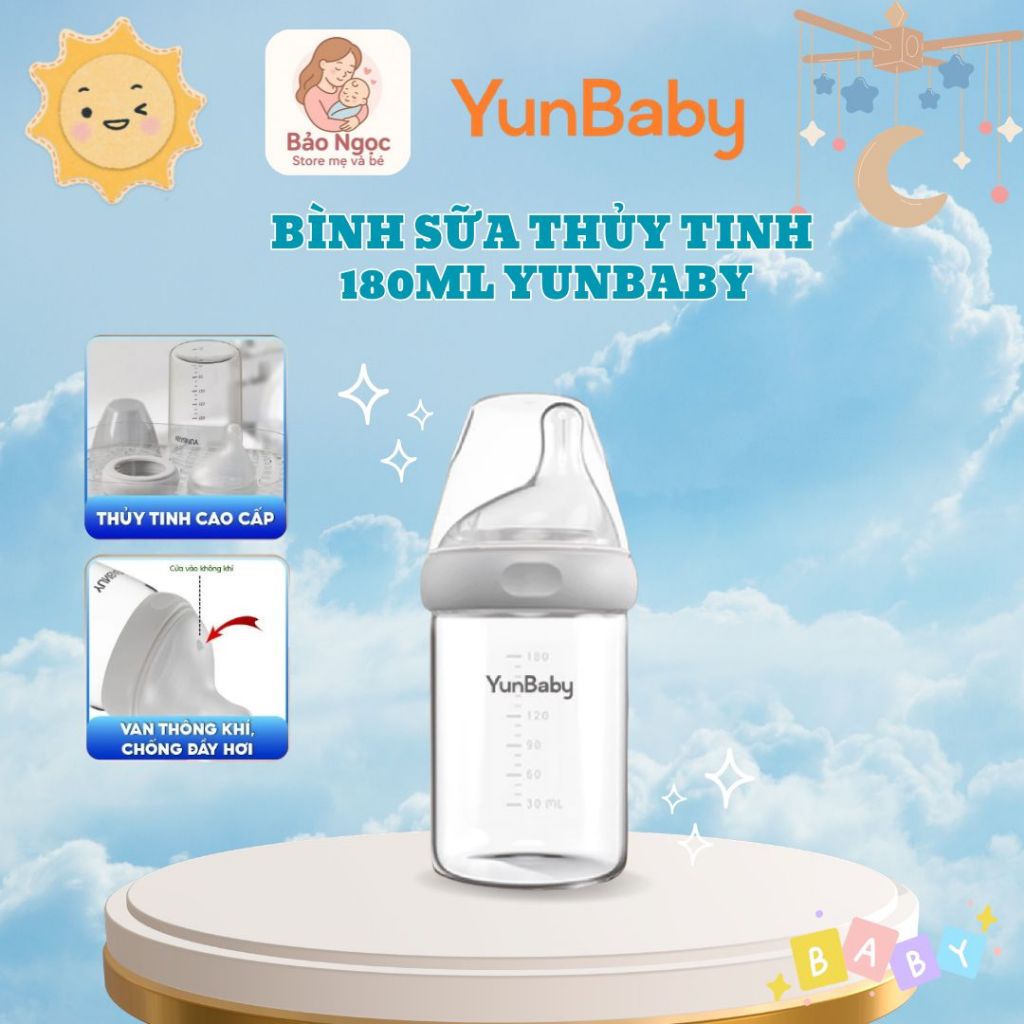 Bình sữa thủy tinh cổ rộng Yunbaby 180ml, núm ti siêu mềm, không chứa BPA, an toàn cho bé