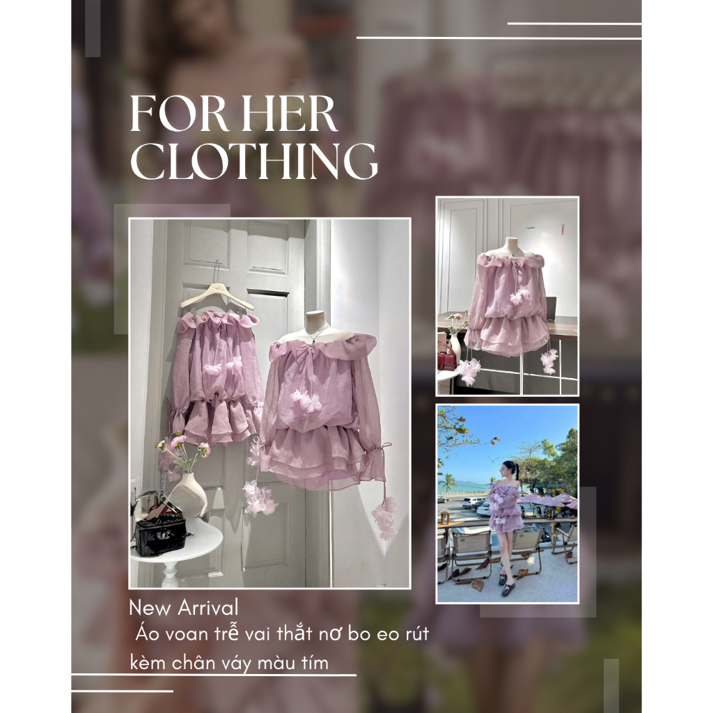 Áo voan trễ vai bo eo rút FOR HER CLOTHING kèm chân váy màu tím