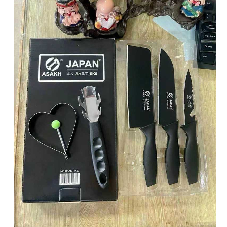 Bộ dao 5 món JAPAN ASAKH bằng thép không gỉ đen nhám cao cấp GEARSHOP sắc bén, bền đẹp