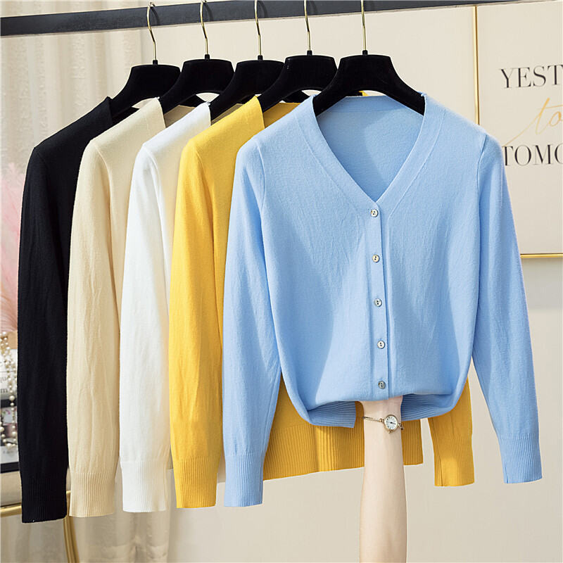 Áo khoác len cardigan nữ dệt kim tay dài cổ V kiểu 7 nút