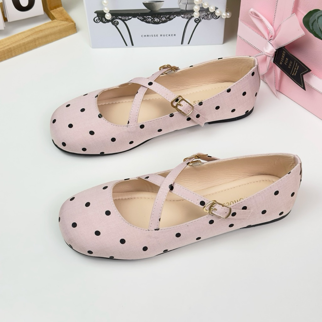 (CHÂN GẦY LÙI SIZE)Giày búp bê chấm bi viền ren BuNaShoes-Giày mũi tròn đế bằng 2cm-Giày tiểu thư, giày học sinh sinh vi