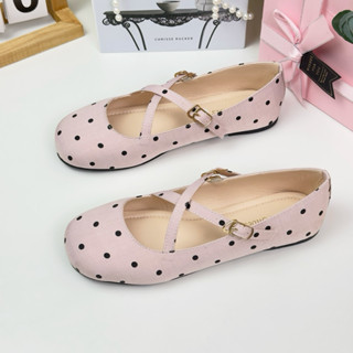 (CHÂN GẦY LÙI SIZE)Giày búp bê chấm bi viền ren BuNaShoes-Giày mũi tròn đế bằng 2cm-Giày tiểu thư, giày học sinh sinh vi
