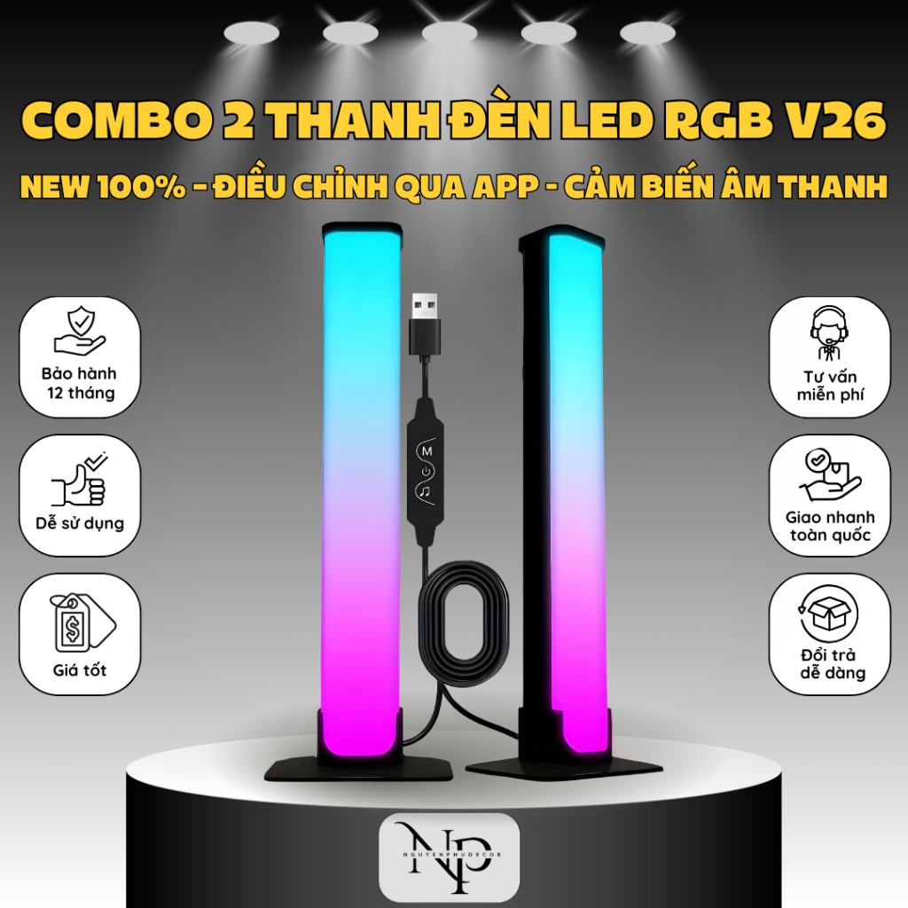 Đèn LED Combo 2 Cây Đèn LED RGB NPShop Decor Nháy Theo Nhạc, Trang Trí PC & Ô Tô, Decor Phòng Cực Đẹ