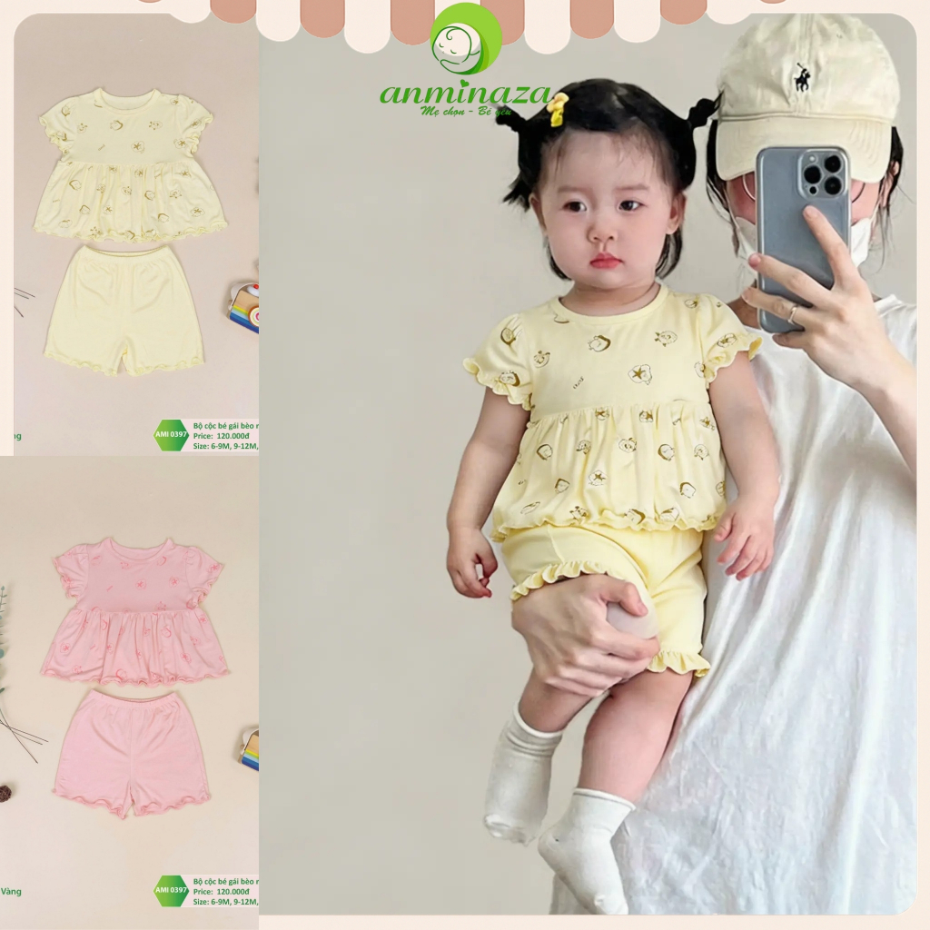 [Chính hãng] Bộ Cộc Bé Gái Nhún Bèo Anminaza Vải Sợi Tre Mềm Mại An Toàn Thoáng Mát - AMI0397