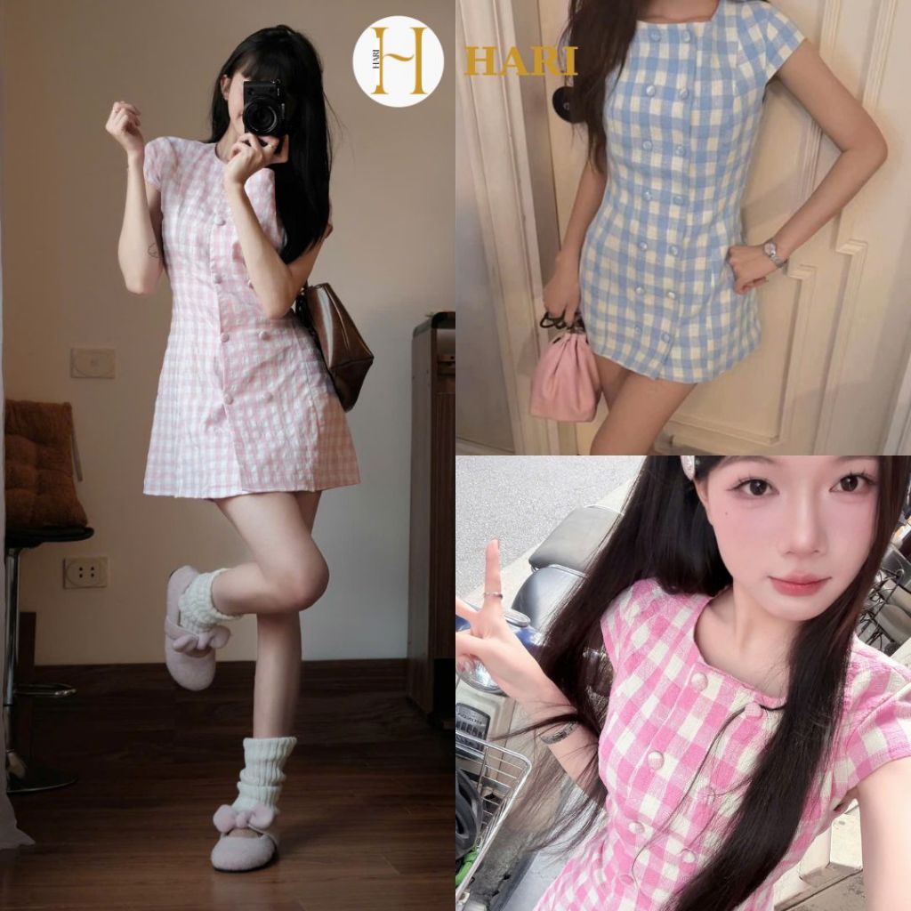 Váy caro Hari pastel dáng chữ A cổ tròn phối nút ngọt ngào 7388 | BigBuy360 - bigbuy360.vn