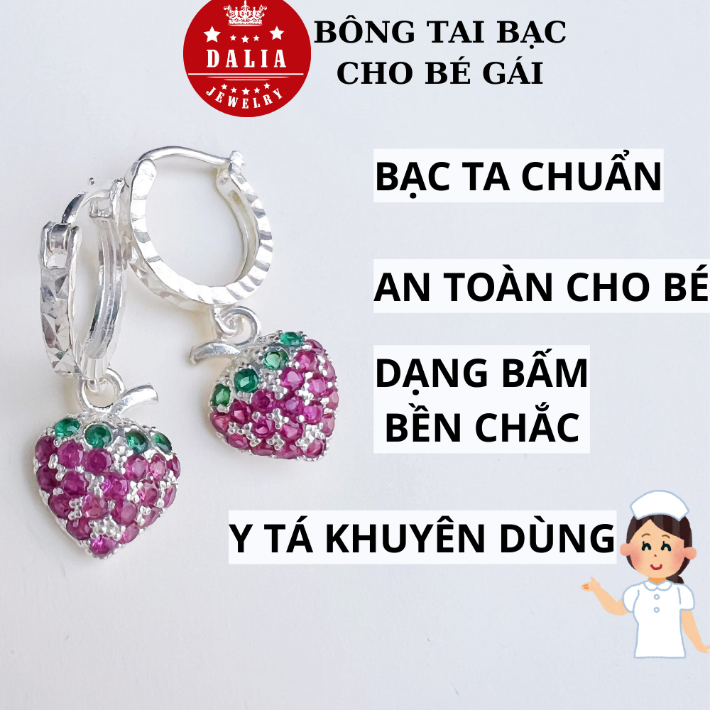 Bông tai bạc trẻ em bạc ta quả dâu tây dễ thương DaLiA Jewelry khuyên tai bạc cho bé gái dạng bấm