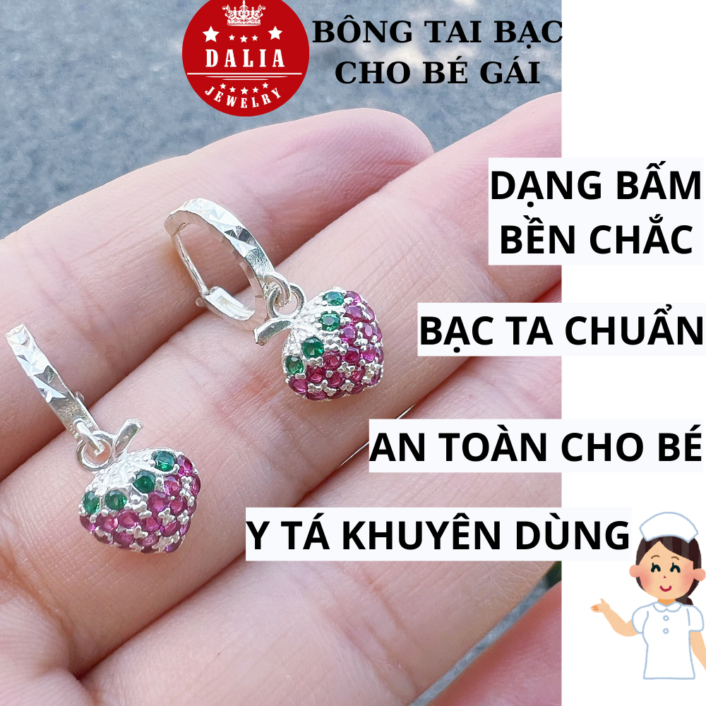 Bông tai bạc trẻ em bạc ta quả dâu tây kute DaLiA Jewelry khuyên tai bạc bé gái, dạng bấm ,treo