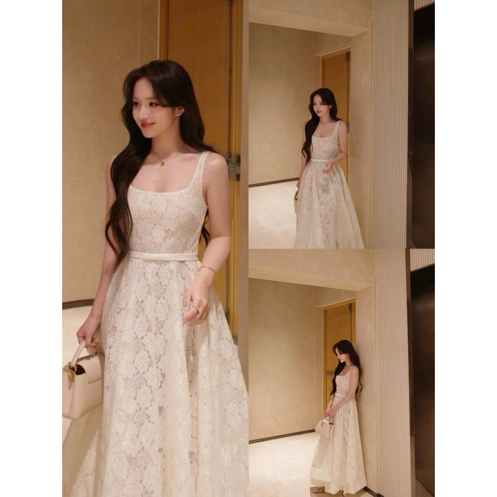 [𝒃𝒚 𝒑𝒉𝒖𝒐𝒏𝒈𝒍𝒚] - ĐẦM VÁY NỮ HAI DÂY ĐÍNH NƠ SÁT NGỰC DÁNG SUÔNG XÒE REN CÚN CÚN