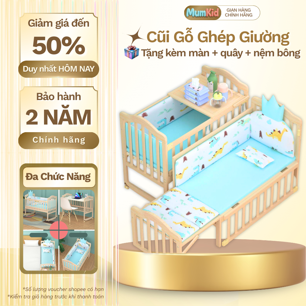 Nôi Cũi Gỗ Đa Năng Cho Bé 0-12 Tuổi Mumkid, Ghép Giường Bố Mẹ, Có Bánh Xe, Tặng Nệm + Màn + Quây