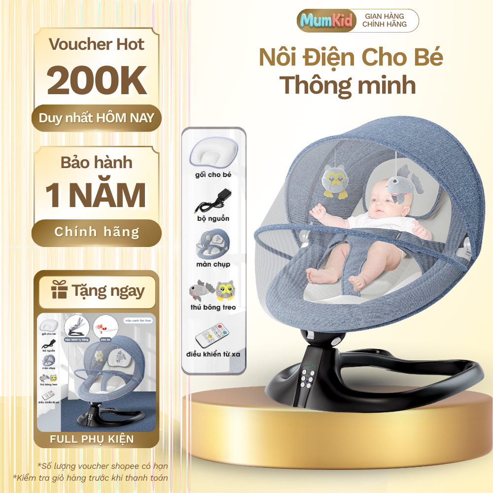 Nôi điện cho bé Mumkid, nôi điện đưa tự động điều khiển từ xa,tựa lưng nâng hạ thành ghế ăn dặm