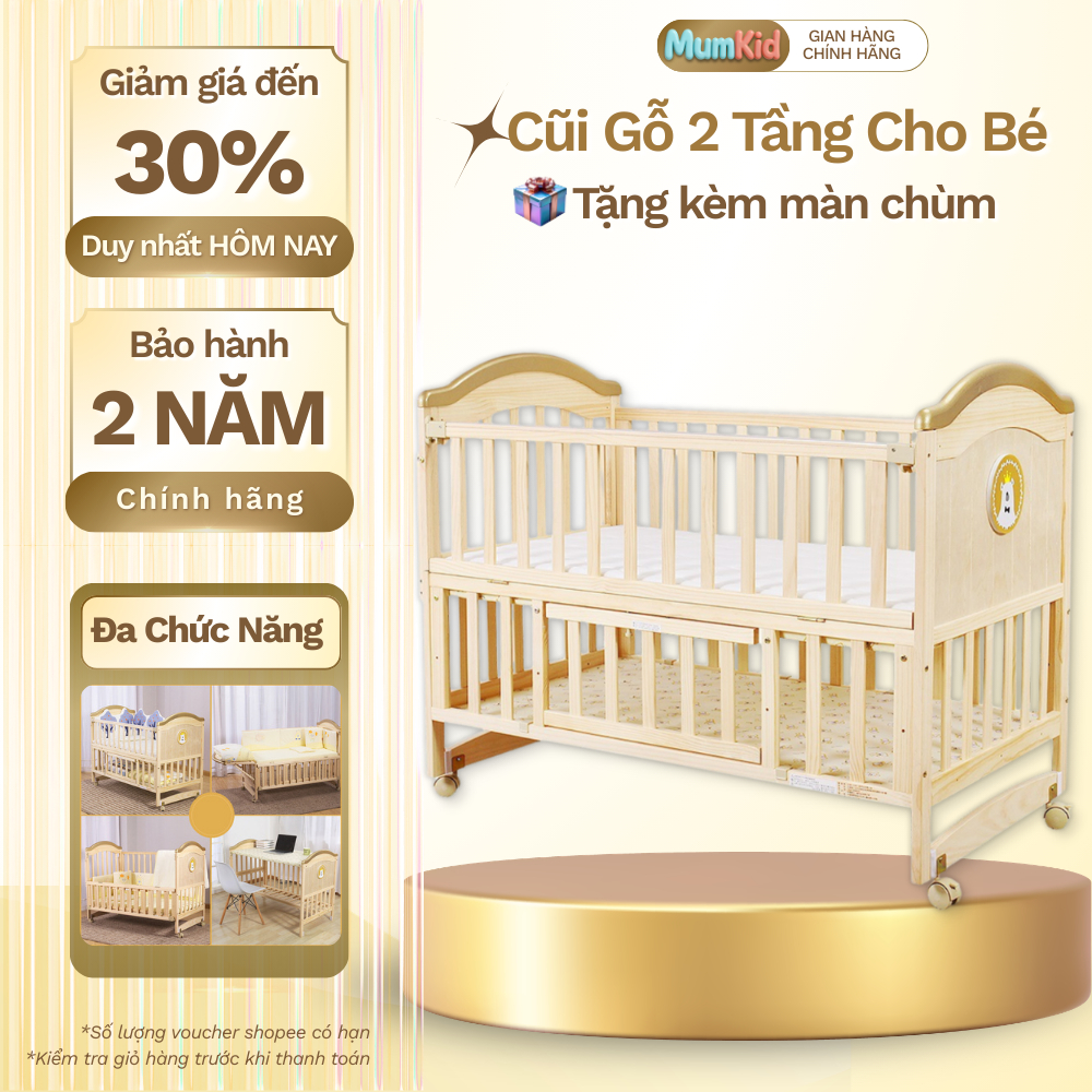 Nôi Cũi Gỗ 2 Tầng Cho Bé MUMKID Đa Năng Có Bánh Xe, Màn Treo, Ghép Giường Bố Mẹ – Mua Kèm Nệm Xơ Dừa