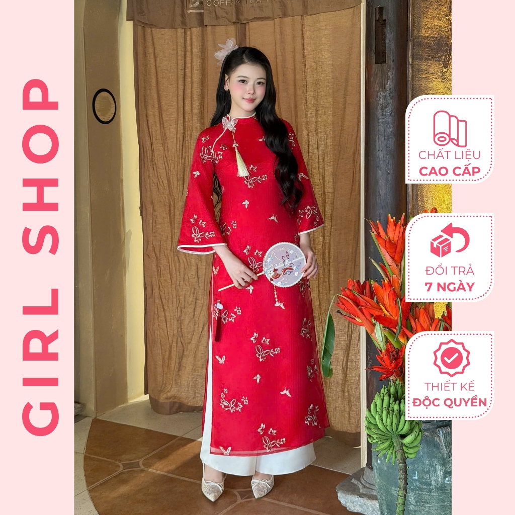 Áo Dài Cách Tân Ngọc Điệp Thiết Kế Cao Cấp Dáng Suông 4 Tà Cổ Cao Sang Trọng Thanh Lịch GIRLSHOP