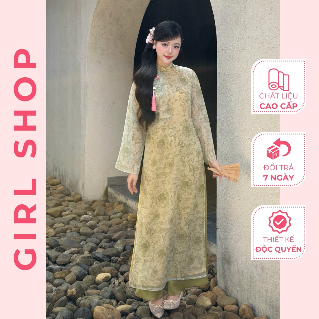 Áo Dài Tơ Liên Chi Thiết Kế Cao Cấp Dáng Suông 4 Tà Cổ Cao Sang Trọng Thanh Lịch GIRLSHOP