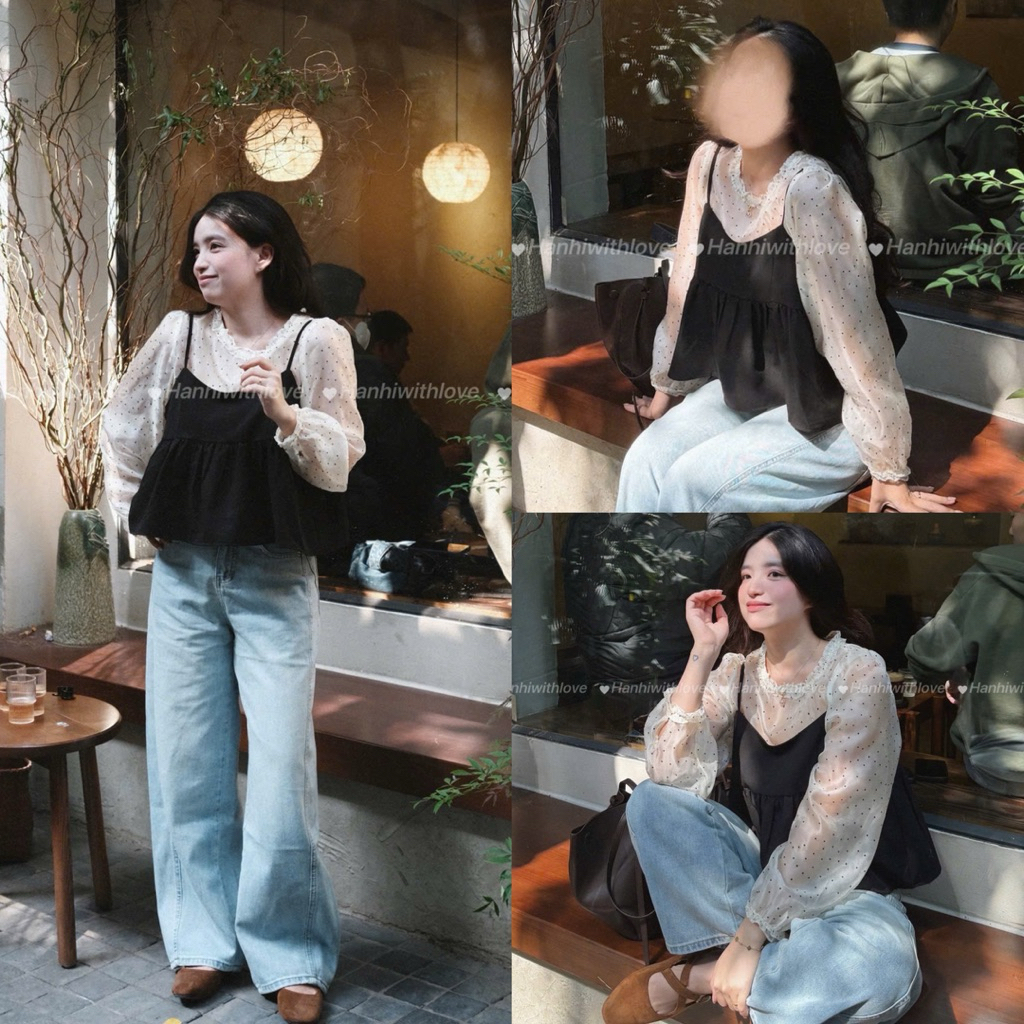 [A0.305] Set Áo Chấm Bi Cổ Bèo Mix Yếm Đen Dáng Babydoll Siêu Xinh | BigBuy360 - bigbuy360.vn