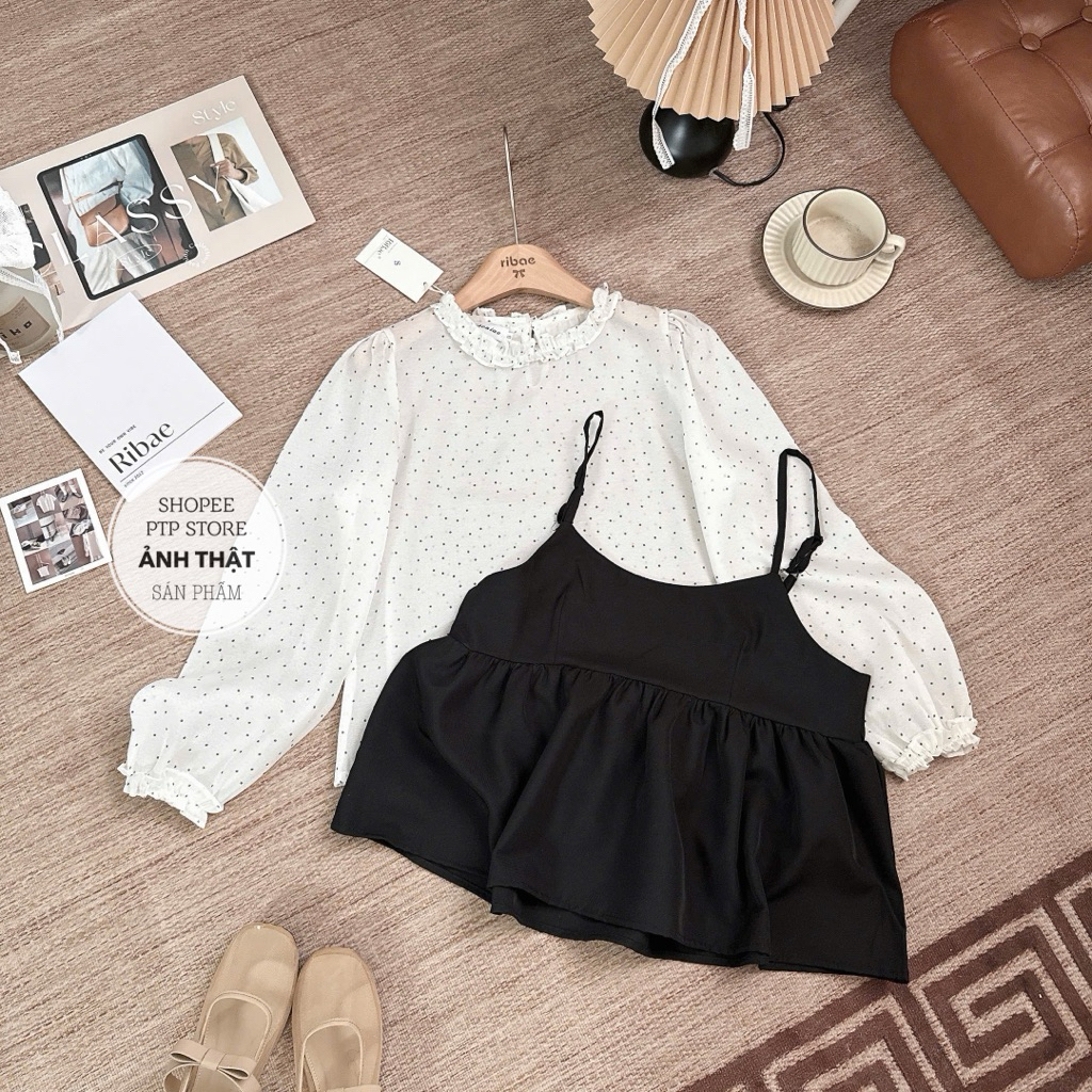 [A0.305] Set Áo Chấm Bi Cổ Bèo Mix Yếm Đen Dáng Babydoll Siêu Xinh | BigBuy360 - bigbuy360.vn