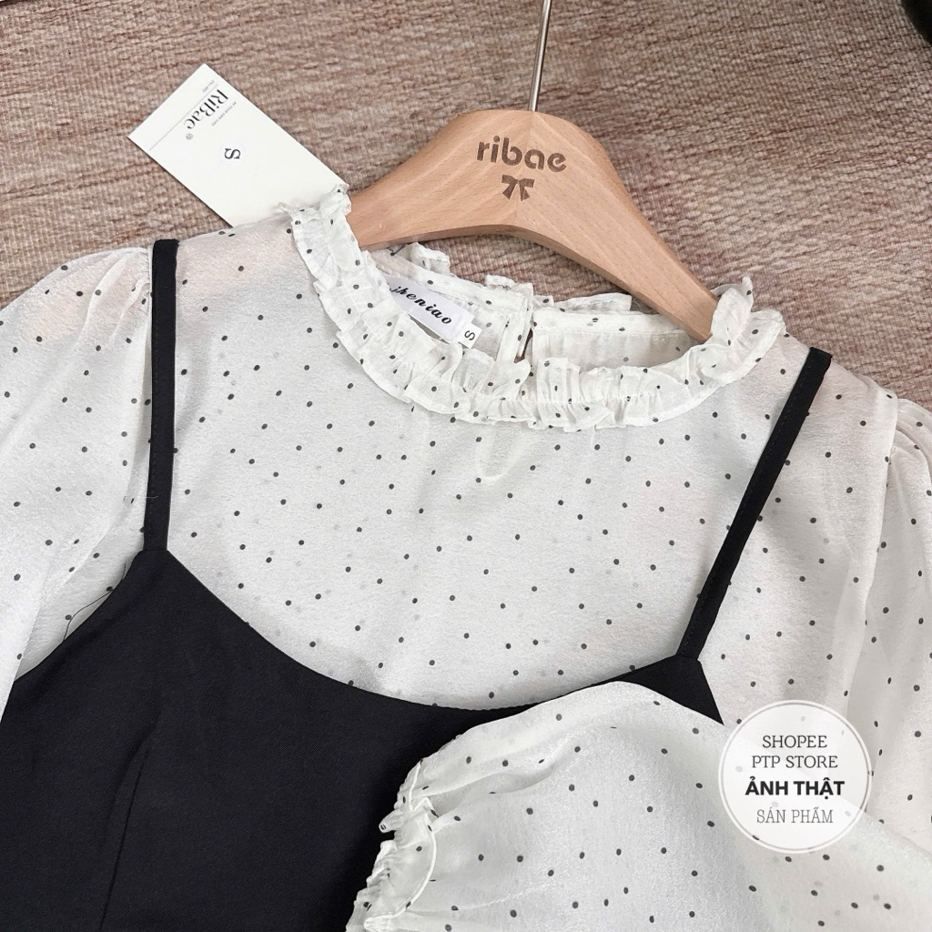 [A0.305] Set Áo Chấm Bi Cổ Bèo Mix Yếm Đen Dáng Babydoll Siêu Xinh | BigBuy360 - bigbuy360.vn