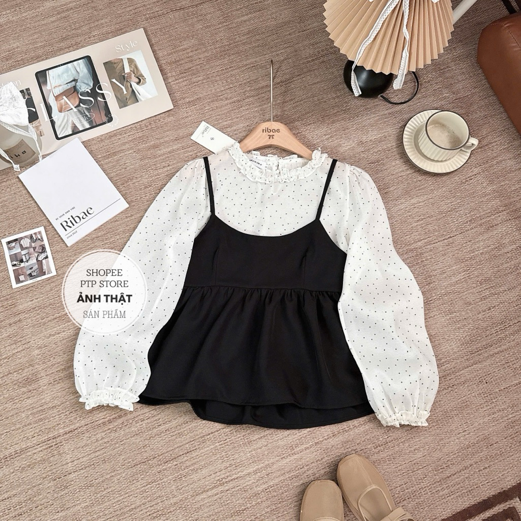 [A0.305] Set Áo Chấm Bi Cổ Bèo Mix Yếm Đen Dáng Babydoll Siêu Xinh | BigBuy360 - bigbuy360.vn
