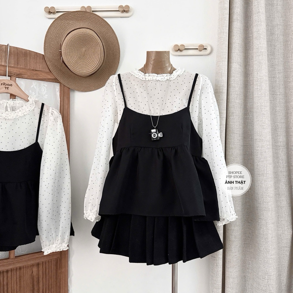 [A0.305] Set Áo Chấm Bi Cổ Bèo Mix Yếm Đen Dáng Babydoll Siêu Xinh | BigBuy360 - bigbuy360.vn