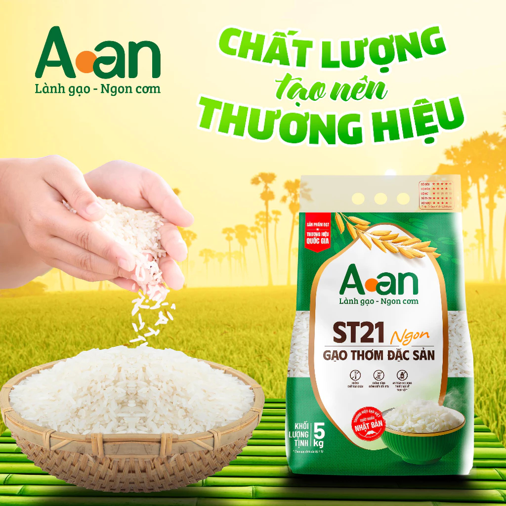 Gạo Thơm ST21 A AN Túi 5Kg,- Thơm hoa lài nhẹ, cơm ngọt, dẻo vừa , để nguội vẫn mềm