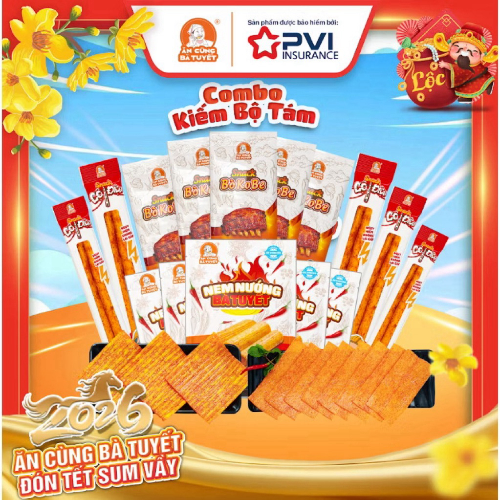Combo: KIẾM BỘ TÁM gồm: 5 Snack cột điện + 5 Snack Bò Kobe + 5 Nem Nướng - ĂN CÙNG BÀ TUYẾT M6
