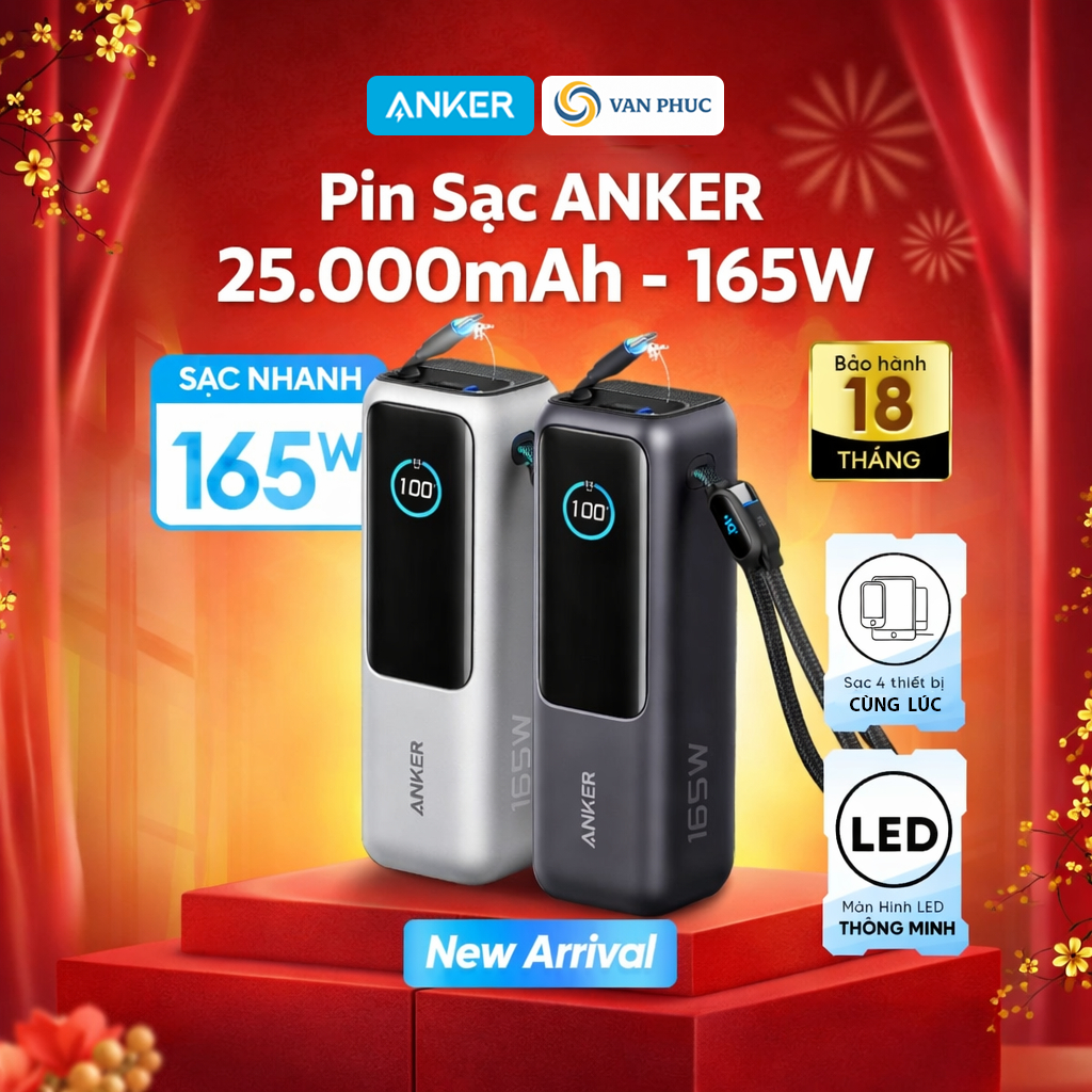 Pin sạc dự phòng 25000mAh PD QC 3.0 165W Anker Zolo A1695 kèmcáp dây rút Type C- Hàng Chính Hãng VN