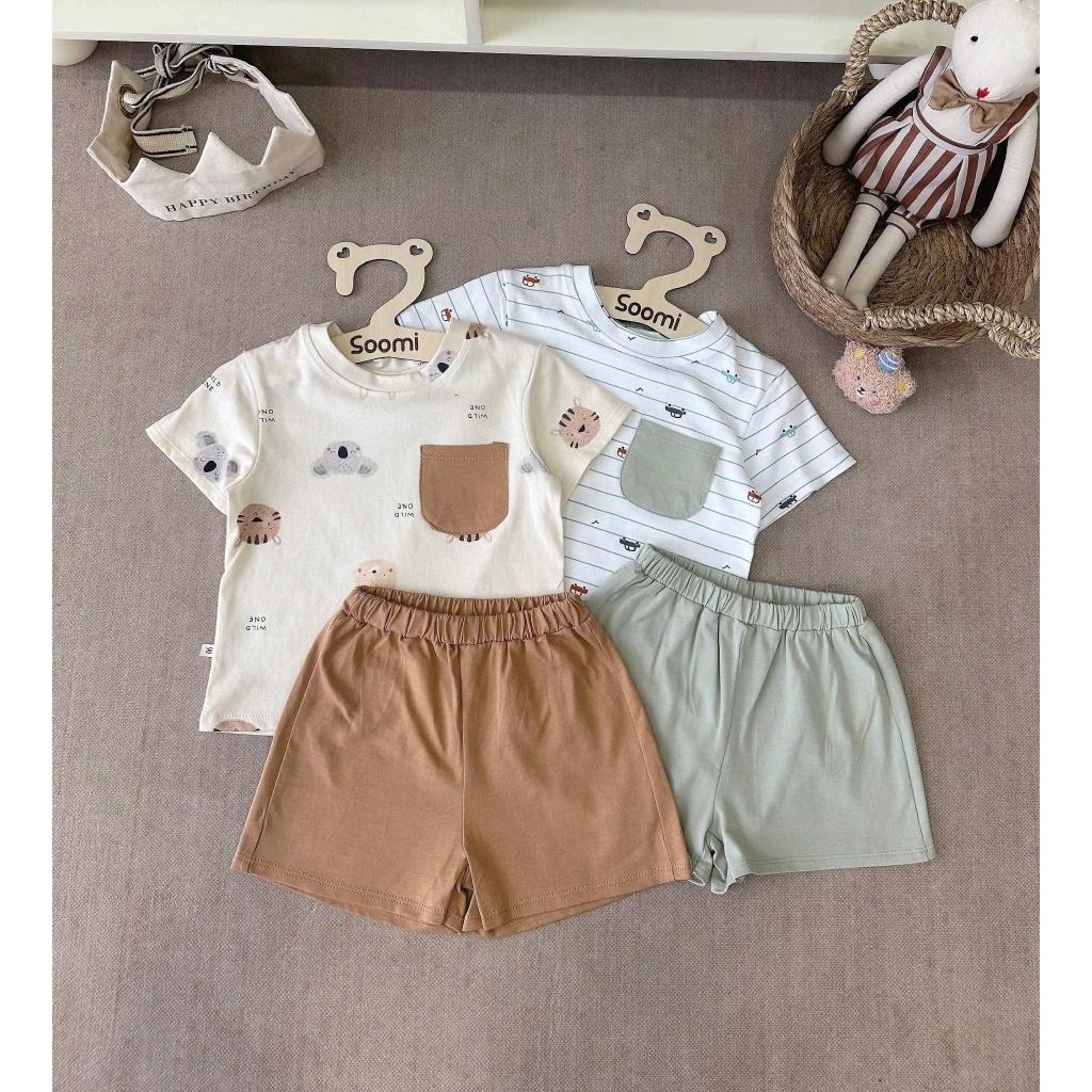 Set Bộ Quà tặng cho Bé Trai và Bé Gái in Hình Gấu Túi và Ô Tô mẫu 2 Màu Mix Túi Áo Chất Cotton Thoải Mái cho Bé mặc đi H