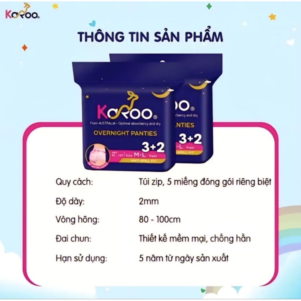 Băng vệ sinh dạng quần karoo 3+2 thương hiệu Australia. Size M-L(5 miếng) Túi Zip Gọn Gàng