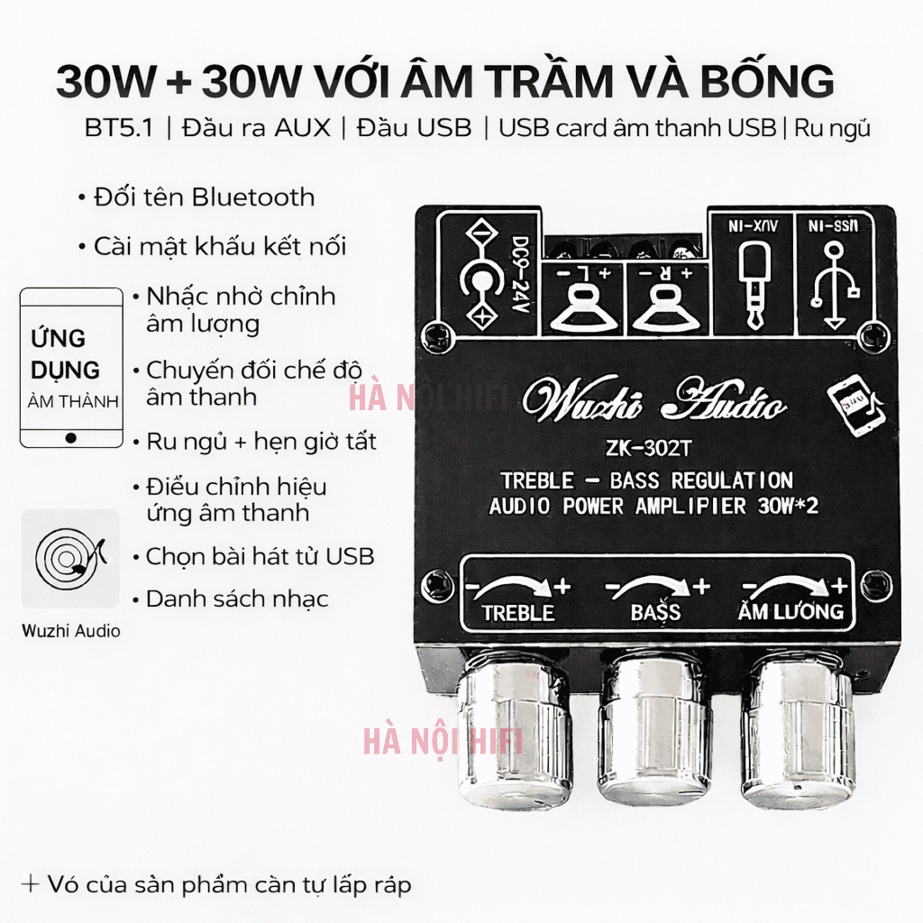 Mạch Wuzhi ZK-302T khuếch đại âm thanh bluetooth 30w*2 chỉnh âm sắc. Mã Ampli ZK-302T