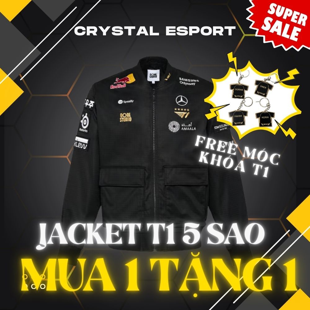 Áo Khoác T1 CKTG 2025 bản 5 sao Full Thêu CRYSTAL ESPORT kèm name tag tự ủi dễ dàng