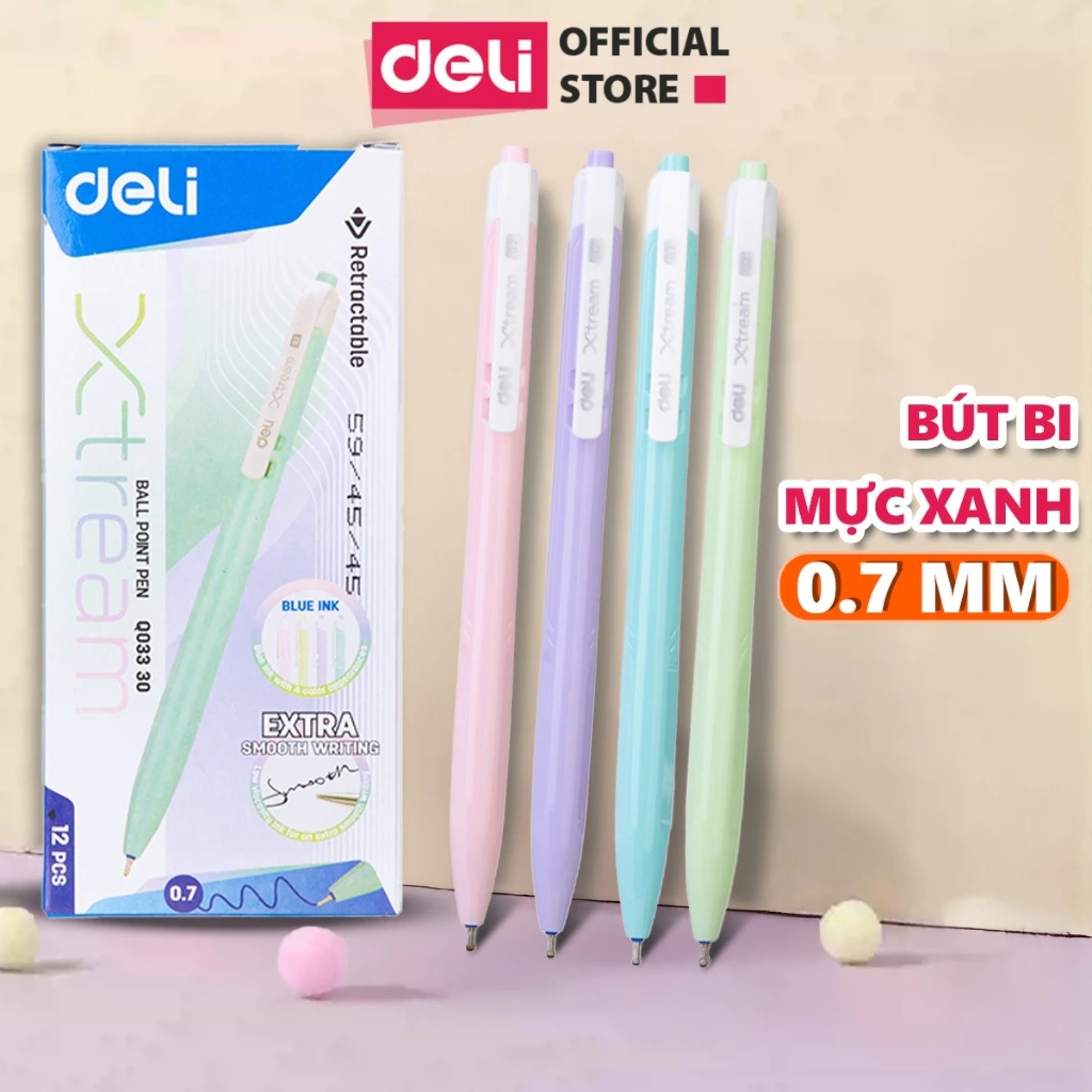 Combo 5/10/20 Bút Bi Bấm Văn Phòng Mực Xanh Ngòi 0.7mm Deli Nét Đều Trơn Tru Vỏ Pastel EQ03330