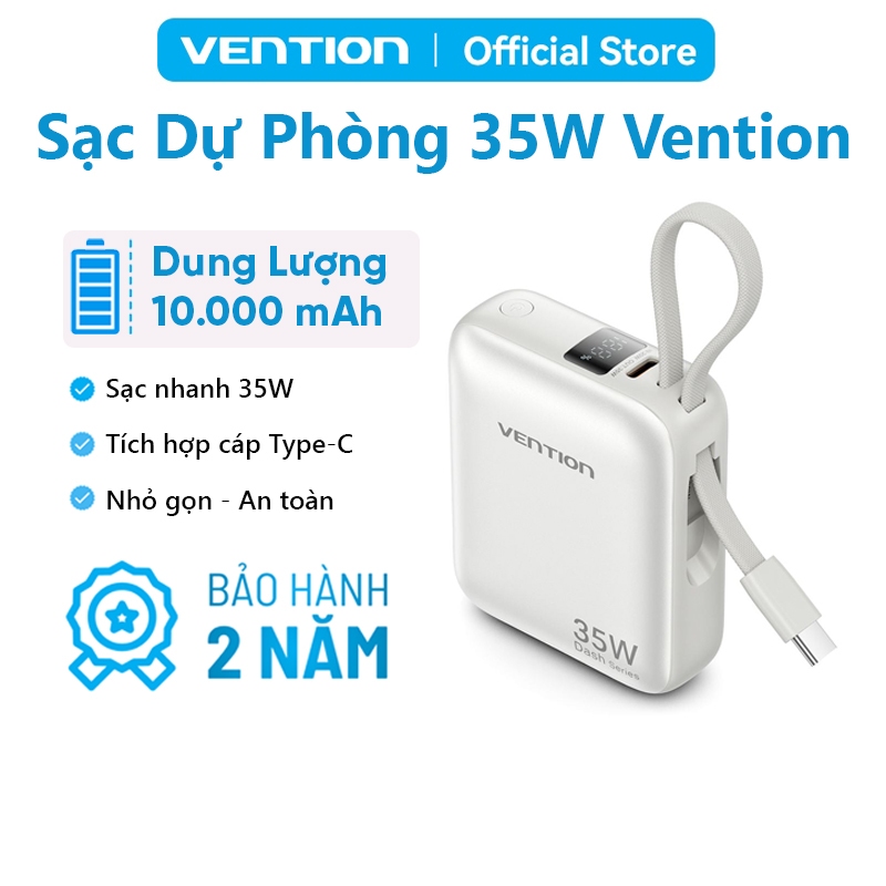 Pin Sạc Dự Phòng 35W Vention 10000mAh Nhỏ Gọn Tiện Lợi, Tích Hợp Cáp USB-C, Hỗ Trợ PD Cho Điện Thoại