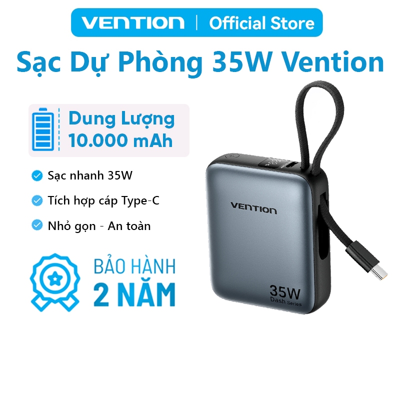 Sạc Dự Phòng 10000mAh Vention 35W PD3.0, Tích Hợp Cáp USB-C, Thiết Kế Nhỏ Gọn Tiện Lợi, Sạc Nhanh An