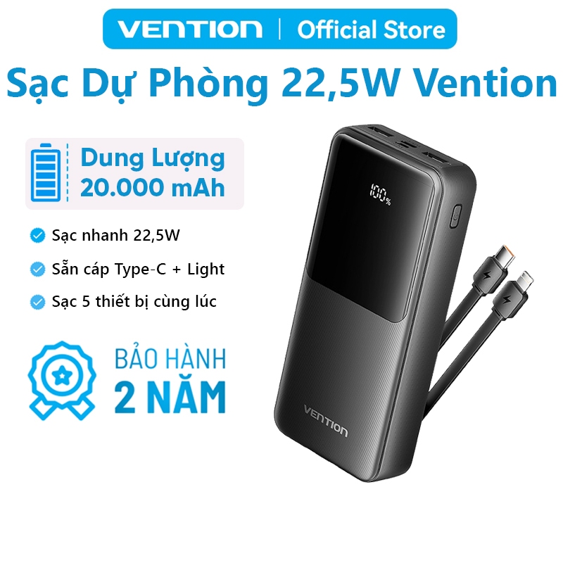 Pin Sạc Dự Phòng 22.5W Vention 20000mAh,Có Sẵn Dây Cáp Type C Và Light, Hỗ Trợ Nhiều Thiết Bị, Màn Hình Hiển Thị LED