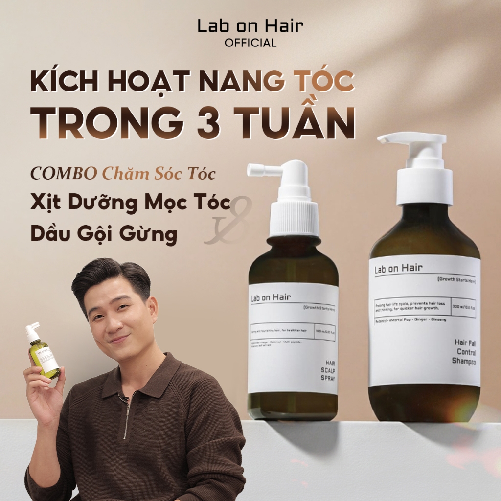 Combo xịt mọc tóc+ dầu gội gừng Lab on Hair dưỡng tóc 160ml+300ml hỗ trợ dưỡng ẩm và cải thiện tình 