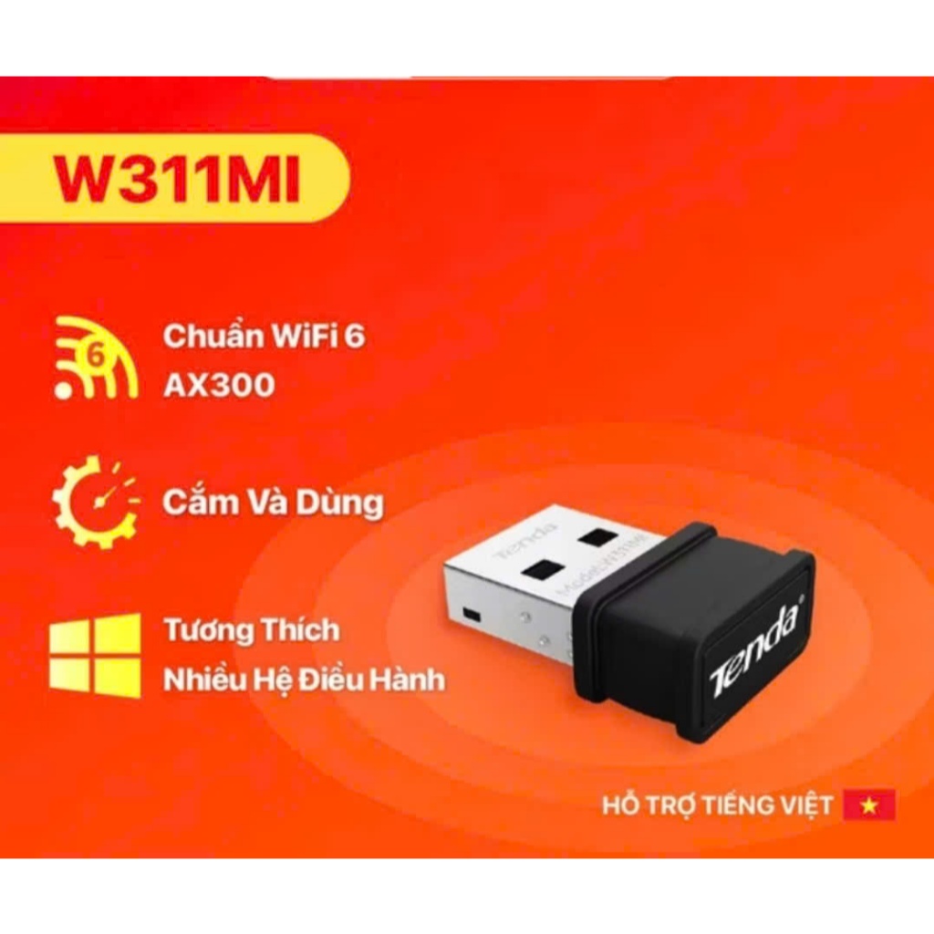 Bộ chuyển đổi USB wifi Tenda W311MI AX300Mbps - USB wifi 6 nhỏ gọn dễ sử dụng - Hàng chính hãng