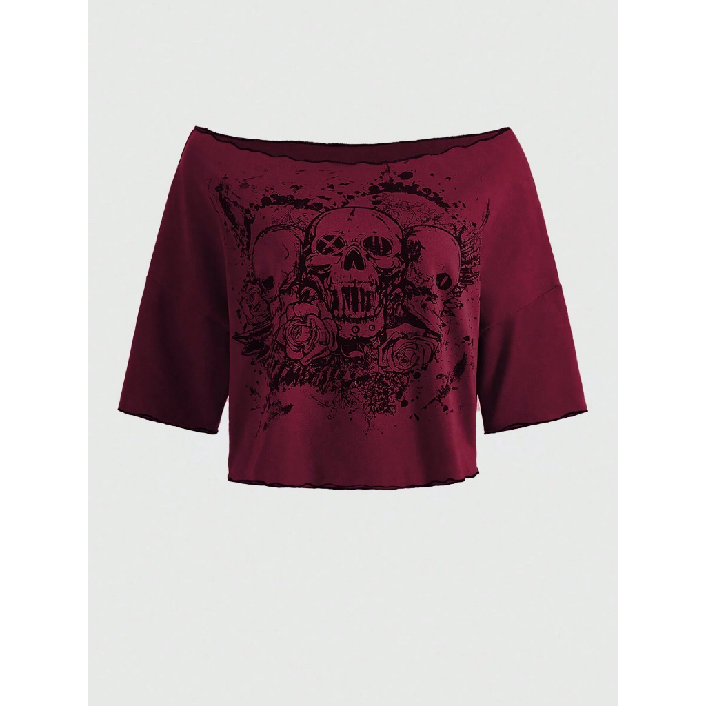 Grunge Punk Skull & Floral Print Off Shoulder Tee / Áo Trễ Vai Đầu Lâu Và Hoa Punk Grunge / Burn the