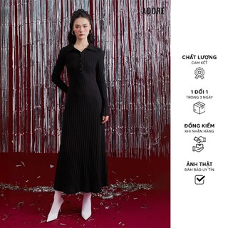 512DR9002 Đầm len đen/nâu hạt dẻ cổ polo cài khuy ADORE