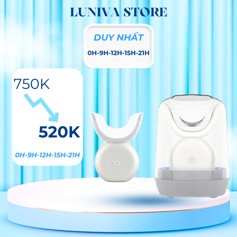 Máy Làm Trắng Răng Bằng Ánh Sáng Xanh LED Kit Trắng Răng Tại Nhà Khay Silicon Mềm Hộp Sạc Tiệt Trùng