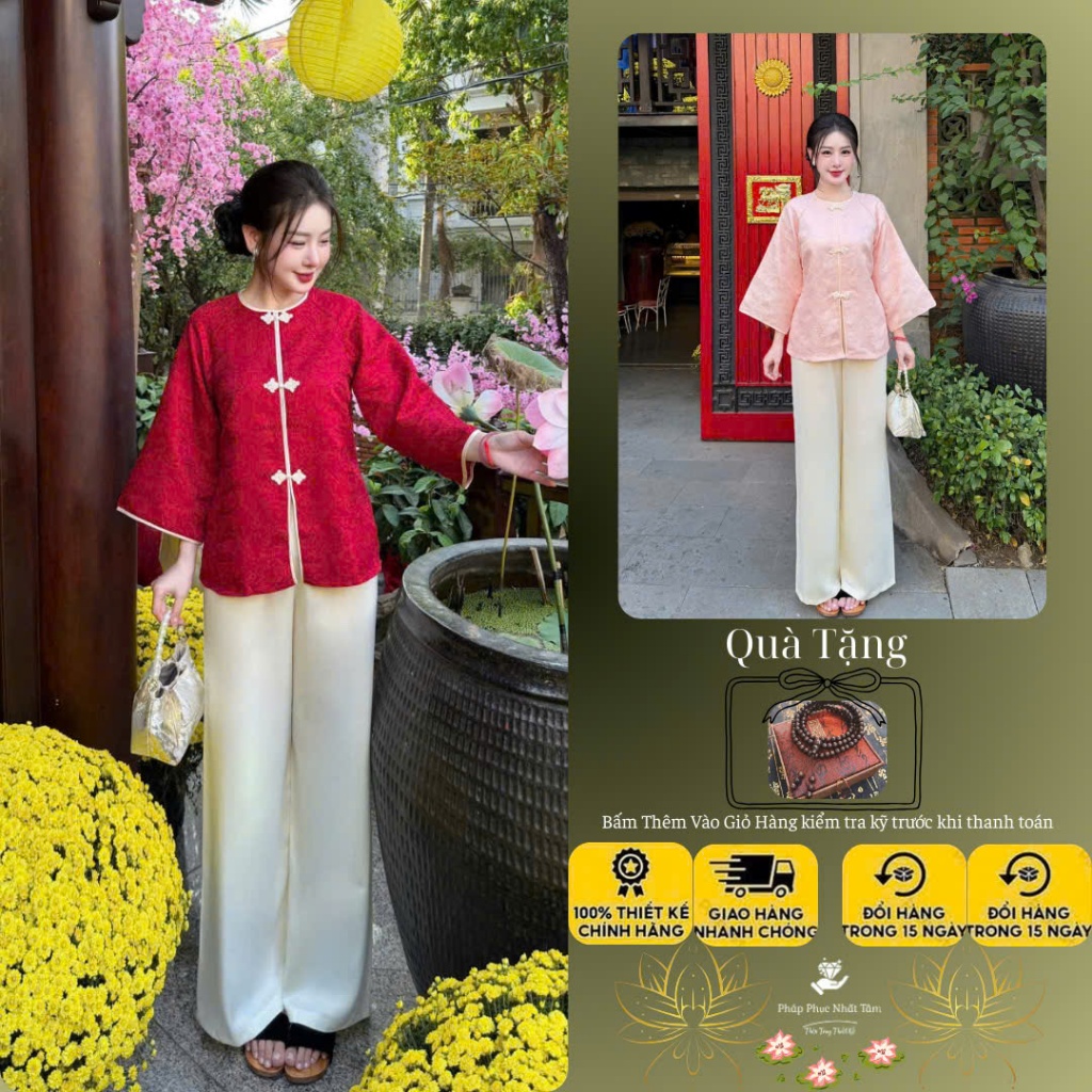 ms068 sét cách tân cổ tròn chạy viền gấm sốp lùn.đồ lam đi chùa nữ