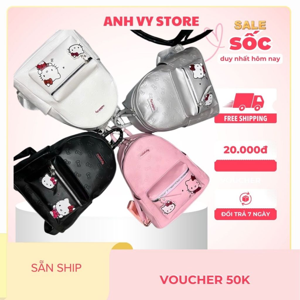 Balo da in nổi hình mèo kitty nơ size to đi học đựng vừa Laptop, a4 giáo án đi hàng bản đẹp da pu chống nước