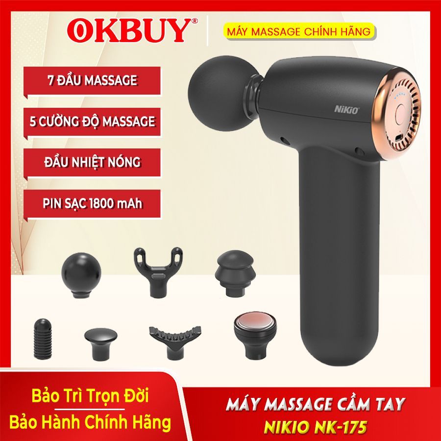 Súng Massage Cầm Tay Mini Nikio NK-175 - 7 Đầu Massage, Có Đầu Nhiệt Nóng, Màu Đen
