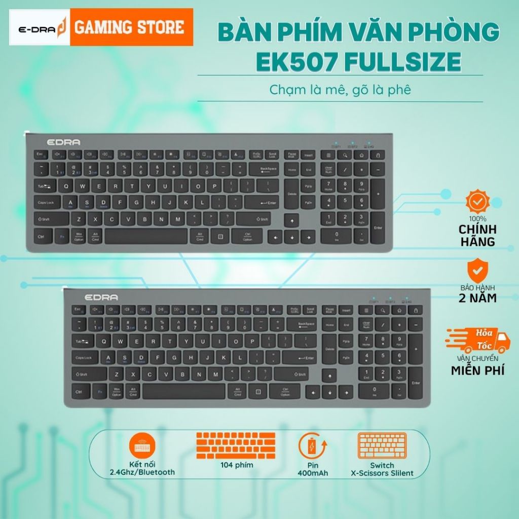 Bàn Phím Silient EDRA EK507 Switch X-Scissors Kết Nối không dây Bluetooth/Reciever BH chính hãng
