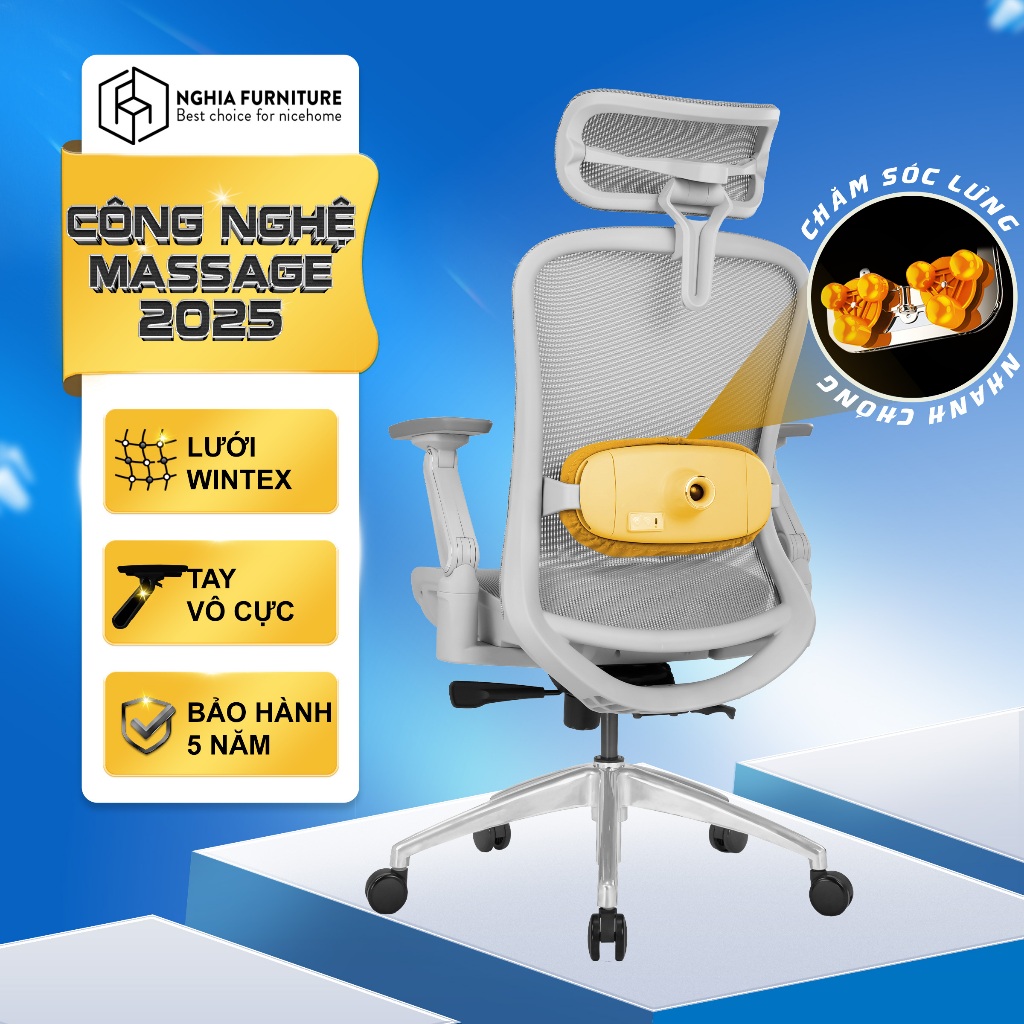 Ghế công thái học Nghia Furniture ErgoMass, Tính năng massage 2 chế độ, ngả ghế 145 độ, BH 5 năm