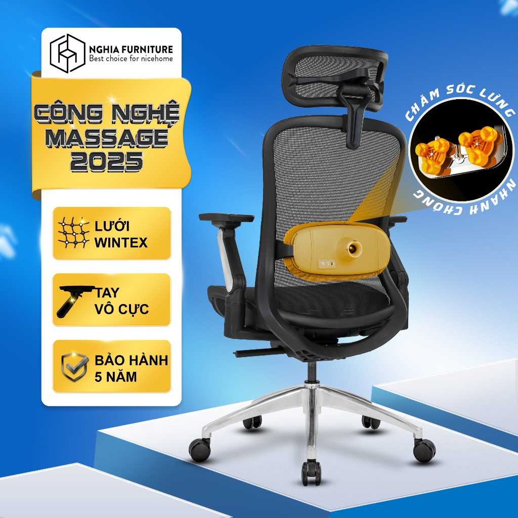 Ghế công thái học Nghia Furniture ErgoMass, Tính năng massage 2 chế độ, ngả ghế 145 độ, BH 5 năm