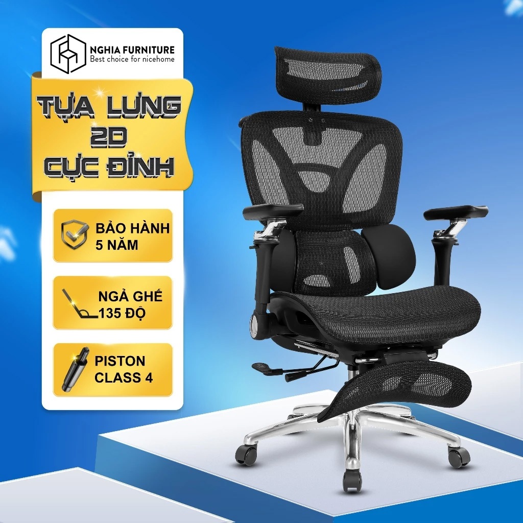 Ghế công thái học Nghia Furniture 09, ngả ghế 135 độ, piston class 4, tựa lưng 2D, bảo hành 5 năm