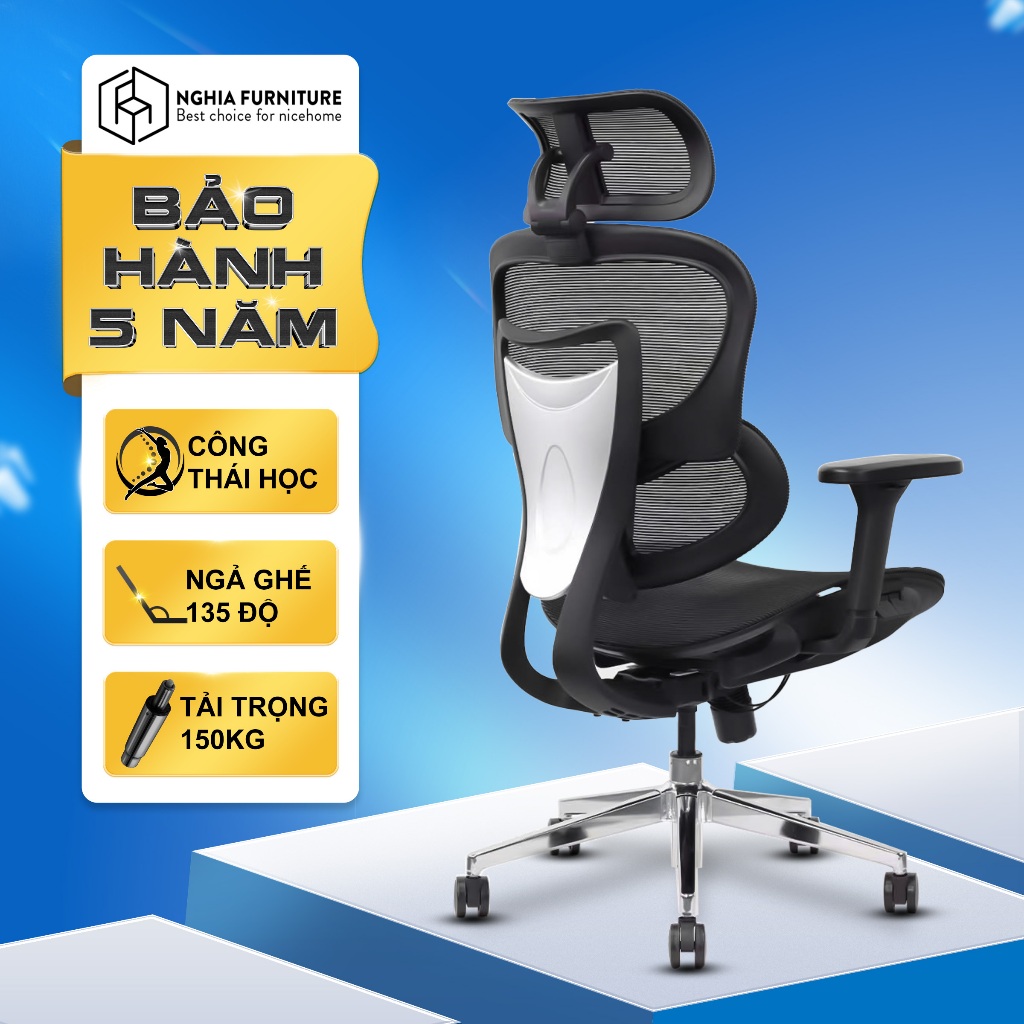 Ghế công thái học Nghia Furniture Kara, Tựa lưng tùy chỉnh, piston class 4, bảo hành 5 năm
