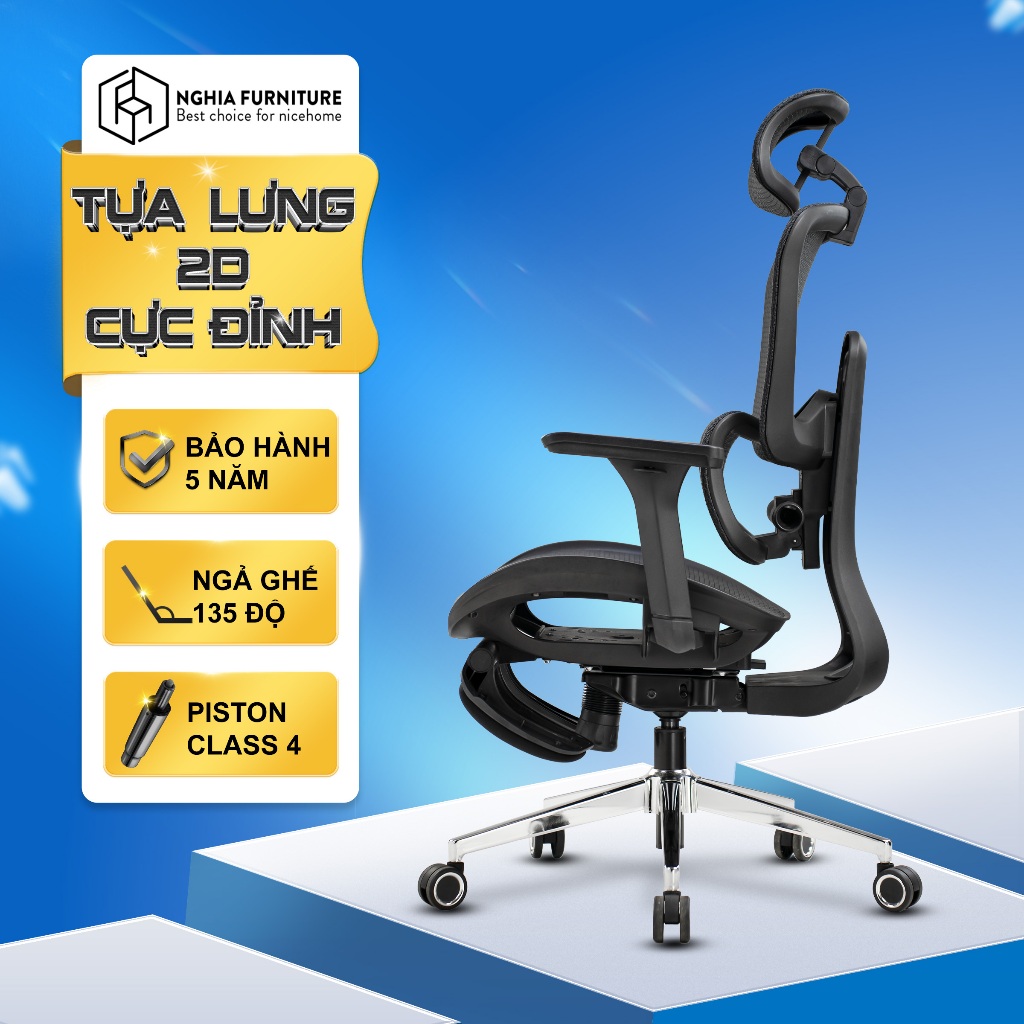 Ghế công thái học Nghia Furniture Mirai Pro, Tựa lưng điều chỉnh, tay vịn 4D, Piston class 4