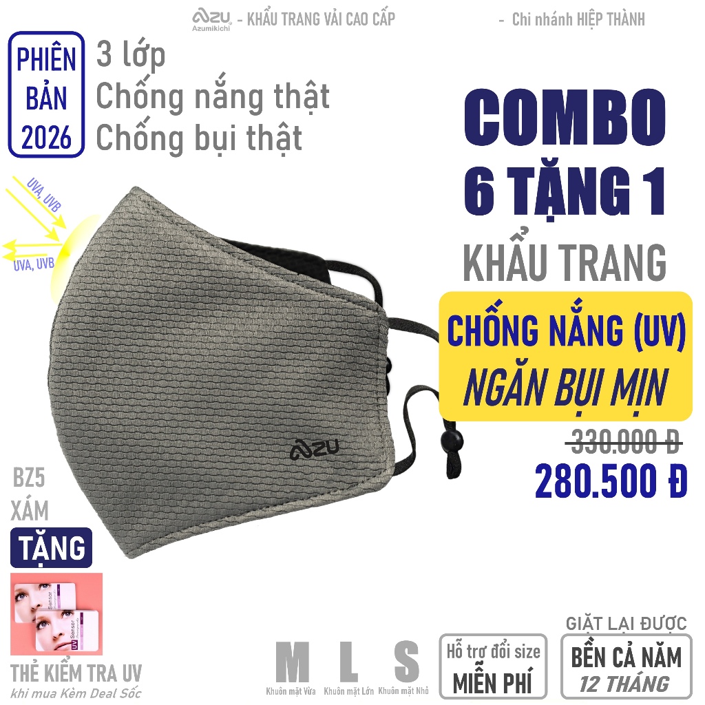 Khẩu trang vải chống nắng 3 lớp chống Tia UV chống bụi mịn không nẹp mũi màu Xám Chì Azumikichi BZ5