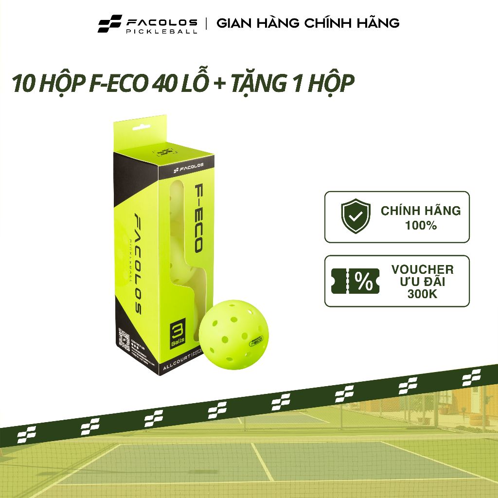 Combo 10 hộp F-ECO 40 lỗ Facolos (Tặng 1) bóng pickleball đúc nguyên khối đạt chuẩn thi đấu quốc tế