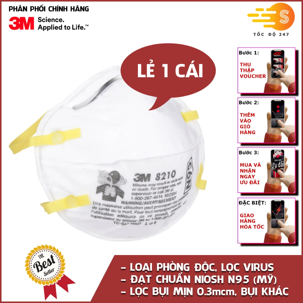 Khẩu trang chống bụi mịn 0.3 micromet và phòng độc chuẩn NIOSH N95 3M 8210
